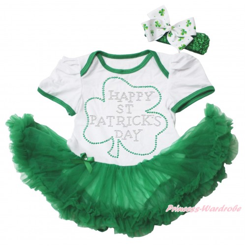 St Patrick's Day White Baby Bodysuit Kelly Green Pettiskirt & Sparkle Rhinestone Clover Print JS4355