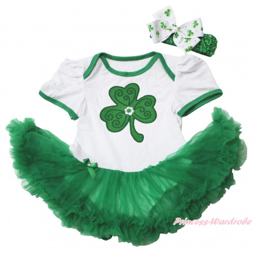 St Patrick's Day White Baby Bodysuit Kelly Green Pettiskirt & Clover Print JS4357