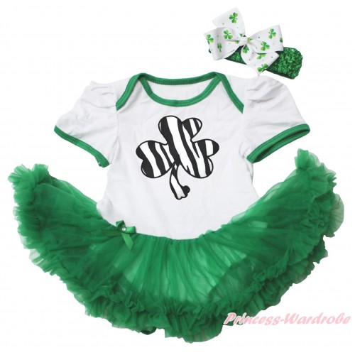 St Patrick's Day White Baby Bodysuit Kelly Green Pettiskirt & Zebra Clover Print JS4359