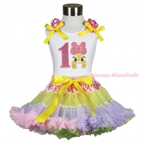 Easter White Tank Top Hot Pink White Dots Ruffles Yellow Bows & 1st Sparkle Light Pink Birthday Number Pink Bow Bunny Rabbit & Pink White Dots Waist Rainbow Yellow Lavender Light Pink Pettiskirt MG1497