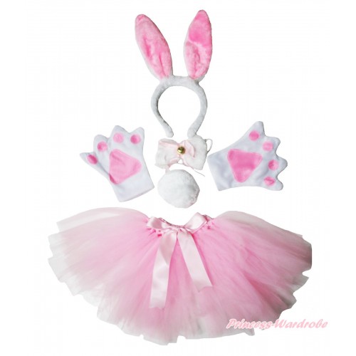 Easter Rabbit 4 Piece Set in Headband, Tie, Tail , Paw & Light Pink Ballet Tutu & Bow PC083