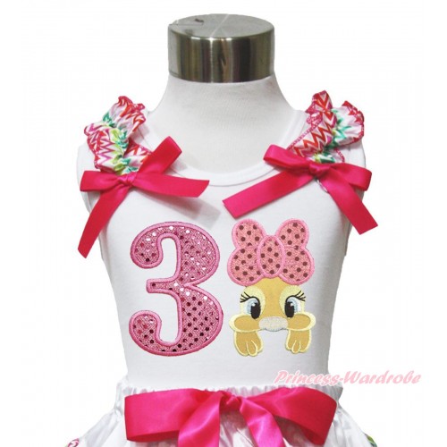 Easter White Tank Top Rainbow Chevron Ruffles Hot Pink Bow & 3rd Sparkle Light Pink Birthday Number Pink Bow Bunny Rabbit TB1053