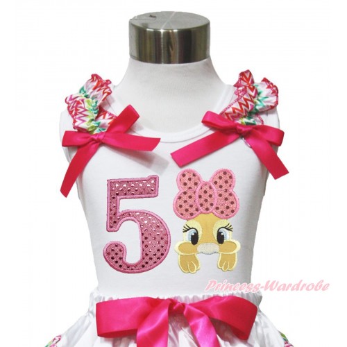 Easter White Tank Top Rainbow Chevron Ruffles Hot Pink Bow & 5th Sparkle Light Pink Birthday Number Pink Bow Bunny Rabbit TB1055