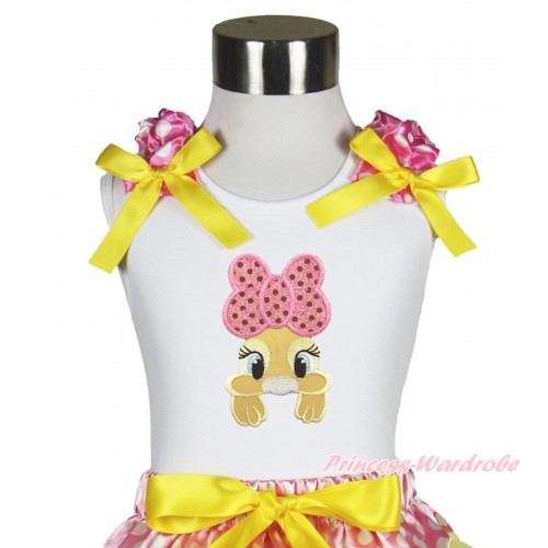 Easter White Tank Top Hot Pink White Dots Ruffles Yellow Bow & Pink Bow Bunny Rabbit Print TB1056
