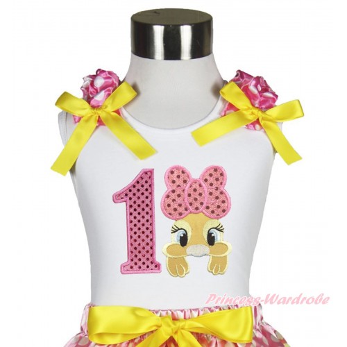 Easter White Tank Top Hot Pink White Dots Ruffles Yellow Bow & 1st Sparkle Light Pink Birthday Number Pink Bow Bunny Rabbit TB1057