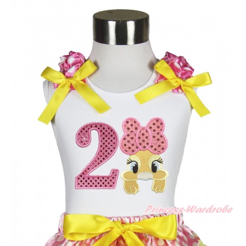 Easter White Tank Top Hot Pink White Dots Ruffles Yellow Bow & 2nd Sparkle Light Pink Birthday Number Pink Bow Bunny Rabbit TB1058