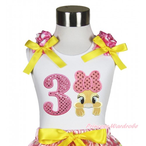 Easter White Tank Top Hot Pink White Dots Ruffles Yellow Bow & 3rd Sparkle Light Pink Birthday Number Pink Bow Bunny Rabbit TB1059