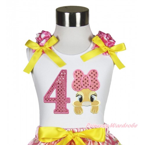 Easter White Tank Top Hot Pink White Dots Ruffles Yellow Bow & 4th Sparkle Light Pink Birthday Number Pink Bow Bunny Rabbit TB1060