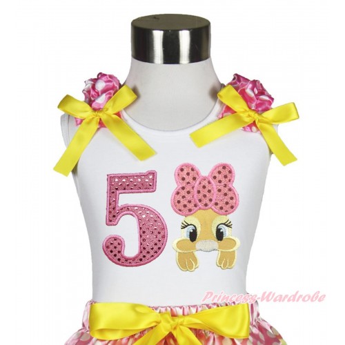 Easter White Tank Top Hot Pink White Dots Ruffles Yellow Bow & 5th Sparkle Light Pink Birthday Number Pink Bow Bunny Rabbit TB1061