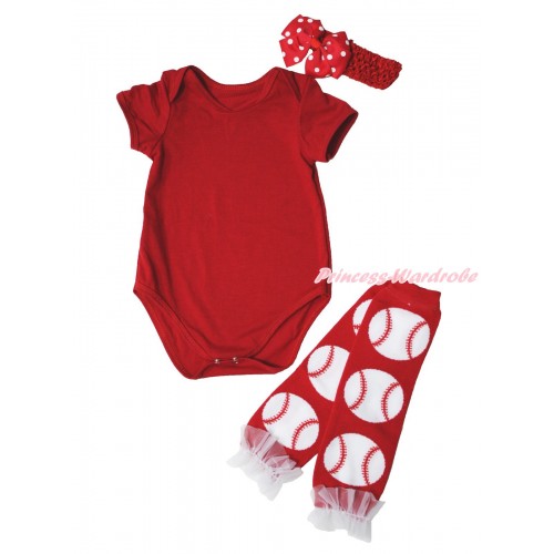 Red Baby Jumpsuit & Red Headband Red White Dots Silk Bow & White Ruffles Baseball Red Leg Warmer Set TH556