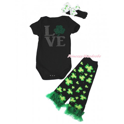 St Patrick's Day Black Baby Jumpsuit Rhinestone Love Clover Print & Black Headband Clover Silk Bow & Kelly Green Ruffles Clover Black Leg Warmer Set TH558