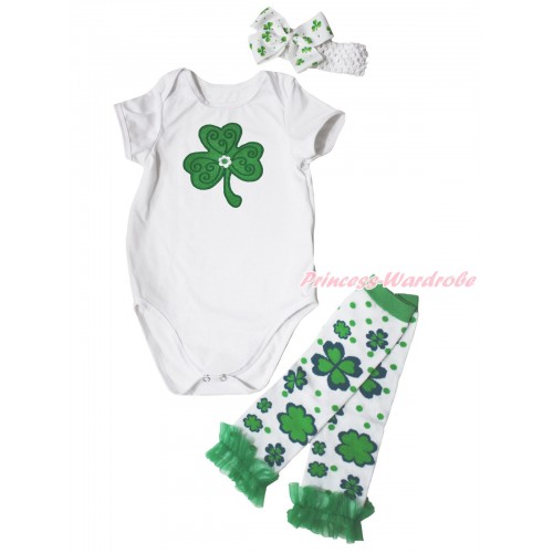St Patrick's Day White Baby Jumpsuit Clover Print & White Headband Clover Silk Bow & Kelly Green Ruffles Clover White Leg Warmer Set TH559
