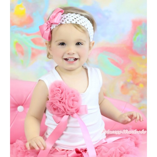 White Tank Top & Bunch of Dusty Pink Rosettes & Bow TB1087
