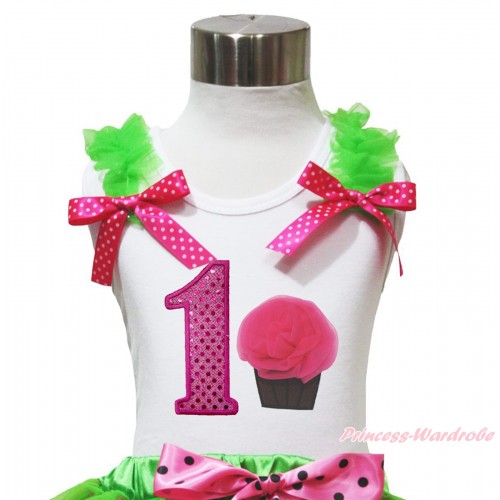 White Tank Top Dark Green Ruffles Hot Pink White Dots Bow & 1st Sparkle Hot Pink Birthday Number & Rosettes Cupcake Print TB1093