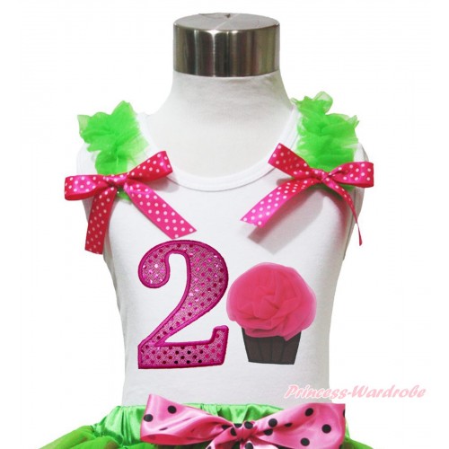 White Tank Top Dark Green Ruffles Hot Pink White Dots Bow & 2nd Sparkle Hot Pink Birthday Number & Rosettes Cupcake Print TB1094