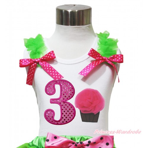White Tank Top Dark Green Ruffles Hot Pink White Dots Bow & 3rd Sparkle Hot Pink Birthday Number & Rosettes Cupcake Print TB1095