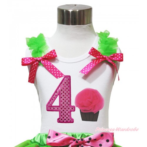 White Tank Top Dark Green Ruffles Hot Pink White Dots Bow & 4th Sparkle Hot Pink Birthday Number & Rosettes Cupcake Print TB1096