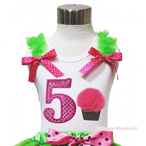 White Tank Top Dark Green Ruffles Hot Pink White Dots Bow & 5th Sparkle Hot Pink Birthday Number & Rosettes Cupcake Print TB1097