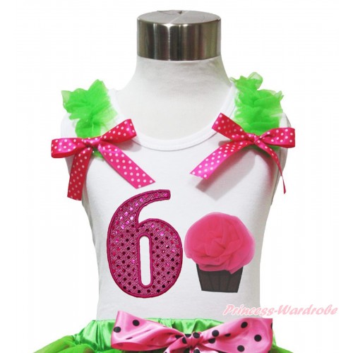 White Tank Top Dark Green Ruffles Hot Pink White Dots Bow & 6th Sparkle Hot Pink Birthday Number & Rosettes Cupcake Print TB1098