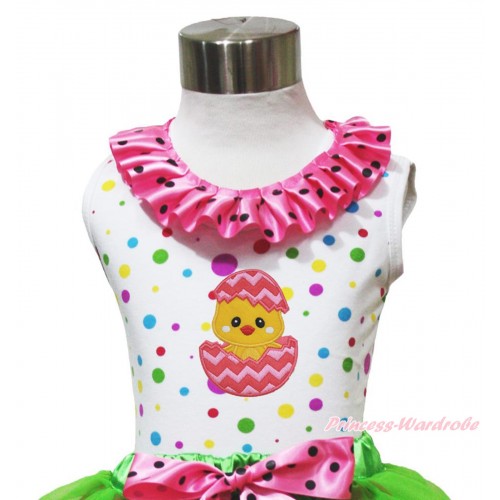 Easter White Rainbow Dots Tank Top Hot Pink Black Dots Lacing & Chick Egg Print TP265