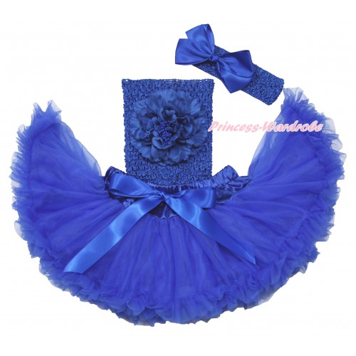 Royal Blue Baby Pettiskirt, Peony Royal Blue Crochet Tube Top, Headband & Silk Bow 3PC Set CT695