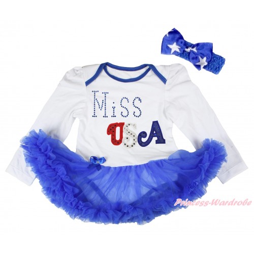 American's Birthday White Long Sleeve Bodysuit Royal Blue Pettiskirt & Sparkle Rhinestone Miss USA Print JS4451