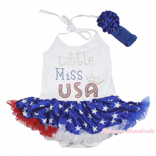 American's Birthday White Baby Halter Jumpsuit Patriotic American Star Pettiskirt & Rhinestone Little Miss USA Print JS4456