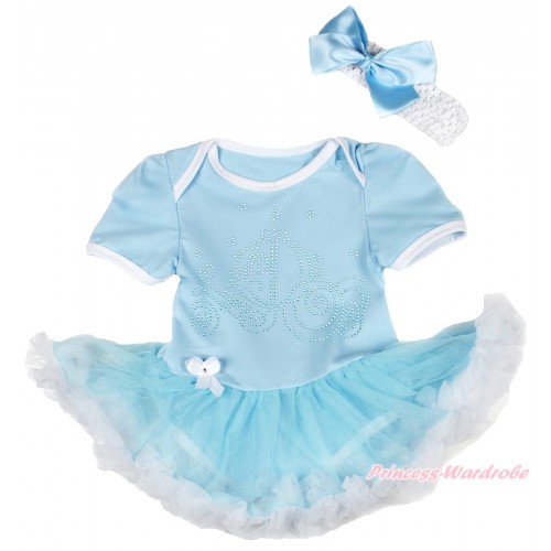 Light Blue Baby Bodysuit Light Blue White Pettiskirt & Sparkle Rhinestone Cinderella Carriage Print JS4457