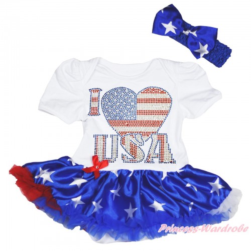 American's Birthday White Baby Bodysuit Patriotic American Star Pettiskirt & Sparkle Rhinestone I Love USA JS4459