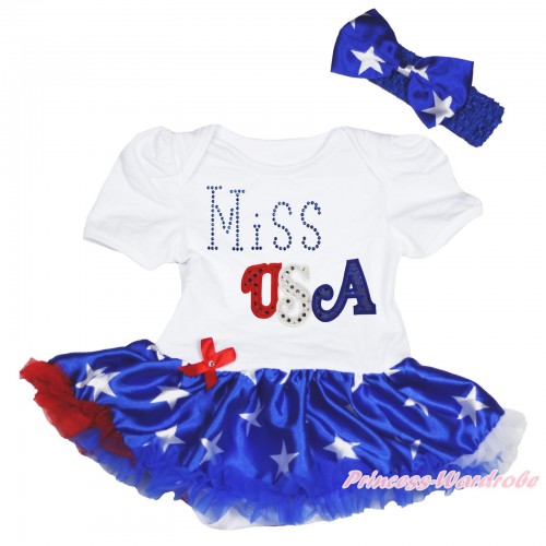 American's Birthday White Baby Bodysuit Patriotic American Star Pettiskirt & Sparkle Rhinestone Miss USA JS4460