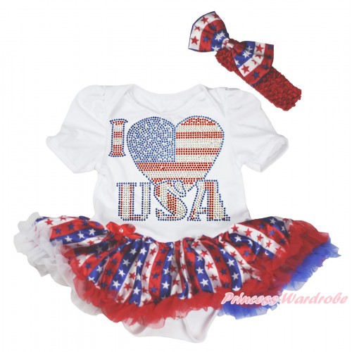 American's Birthday White Baby Bodysuit Red White Blue Striped Star Pettiskirt & Sparkle Rhinestone I Love USA JS4462