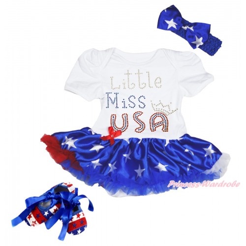 American's Birthday White Baby Bodysuit Patriotic American Star Pettiskirt & Rhinestone Little Miss USA & Royal Blue Headband American Star Bow & Red White Blue Striped Star Shoes JS4467