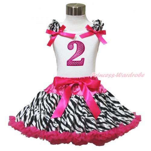 White Tank Top Zebra Ruffles Hot Pink Bows & 2nd Sparkle Hot Pink Birthday Number Print & Hot Pink Zebra Pettiskirt MG1592