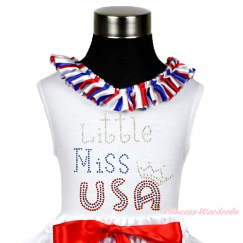 American's Birthday White Tank Top Red White Royal Blue Striped Lacing & Sparkle Rhinestone Little Miss USA TB1116