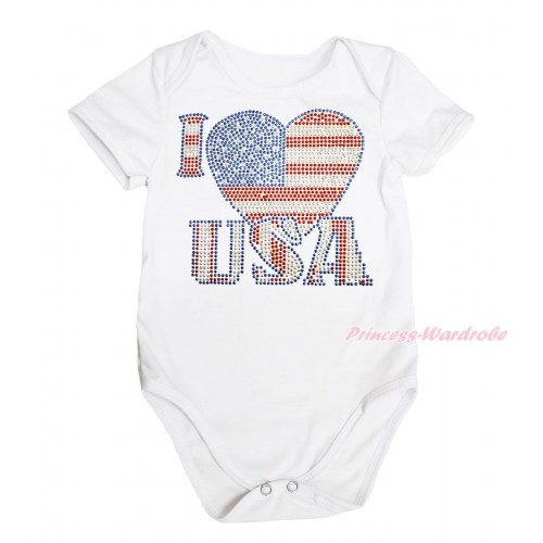 American's Birthday White Baby Jumpsuit & Sparkle Rhinestone I Love USA Print TH569