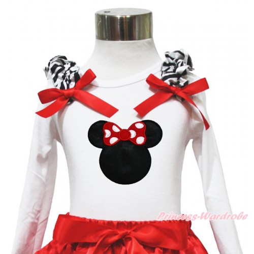 White Long Sleeves Top with Zebra Ruffles & Red Bow & Minnie Print TW404 
