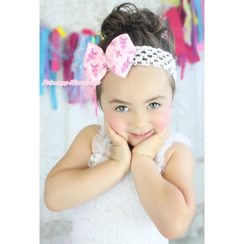 Easter White Headband with Light Hot Pink Rabbit Ribbon Bow Hair Clip H1017