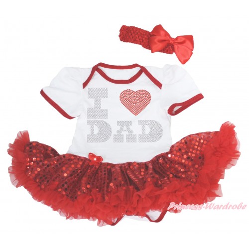 White Baby Bodysuit Bling Red Sequins Pettiskirt & Sparkle Rhinestone I Love Dad Print JS4472