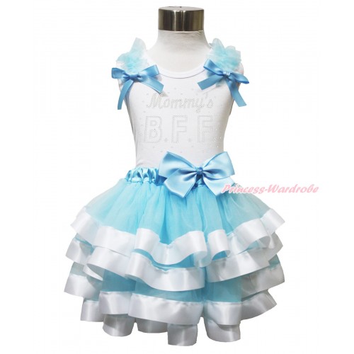 Mother's Day White Tank Top Light Blue Ruffles & Bows & Sparkle Rhinestone Mommy's BFF & Light Blue White Trimmed Pettiskirt MG1616