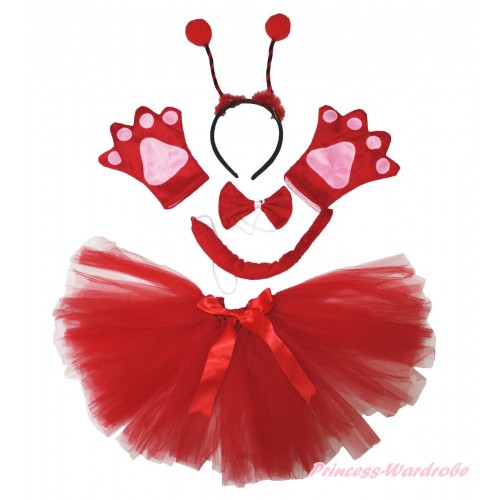 Beetle 4 Piece Set in Headband, Tie, Tail , Paw & Red Ballet Tutu & Bow PC086