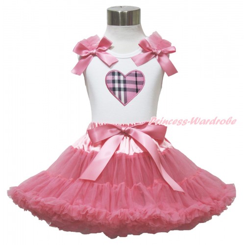 Valentine's Day White Tank Top Dusty Pink Ruffles & Bow & Light Pink Checked Heart & Dusty Pink Pettiskirt MG1537