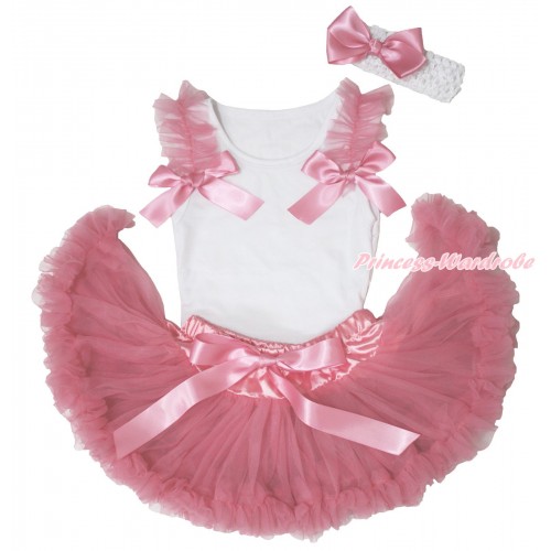 White Baby Pettitop Dusty Pink Ruffles & Bows & Dusty Pink Newborn Pettiskirt NG1668