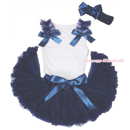 White Baby Pettitop Navy Blue Ruffles & Bows & Navy Blue Newborn Pettiskirt NG1669
