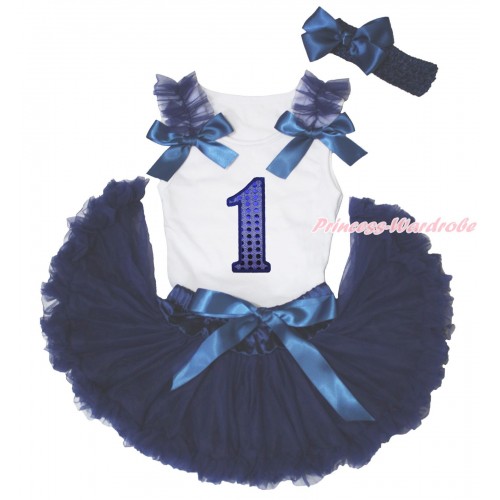 White Baby Pettitop Navy Blue Ruffles & Bows & 1st Sparkle Royal Blue Birthday Number Print & Navy Blue Newborn Pettiskirt NN282