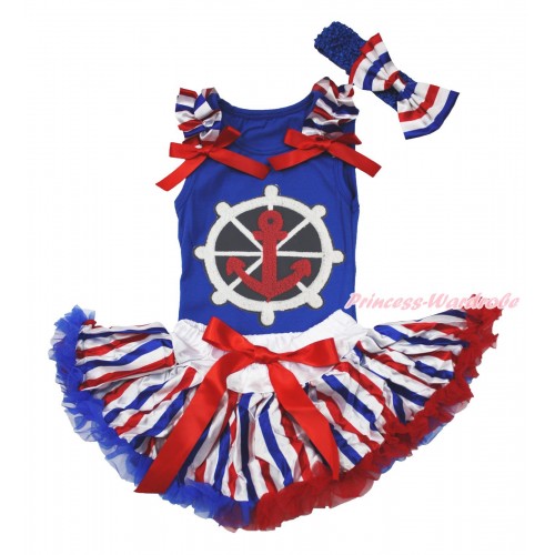 Royal Blue Baby Pettitop Red White Blue Striped Ruffles Red Bows & Red White Blue Anchor Print & Red White Blue Striped Newborn Pettiskirt NG1712