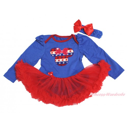 American's Birthday Royal Blue Long Sleeve Bodysuit Red Pettiskirt & Red White Blue Striped Star Minnie Print JS4495