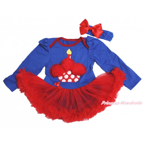 Royal Blue Long Sleeve Bodysuit Red Pettiskirt & Red Rosettes Minnie Dots Birthday Cake Print JS4500