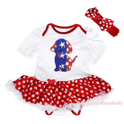 American's Birthday White Baby Bodysuit Minnie Dots White Pettiskirt & 4th July Puppy Print JS4503