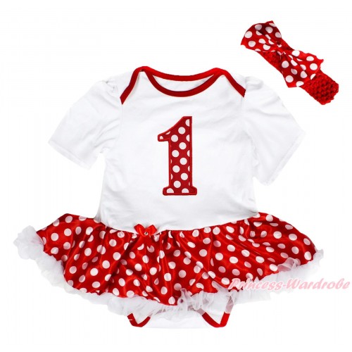 White Baby Bodysuit Minnie Dots White Pettiskirt & 1st Minnie Dots Birthday Number Print JS4506