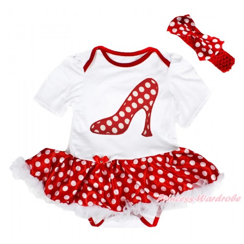 White Baby Bodysuit Minnie Dots White Pettiskirt & Minnie Dots High Heel Shoes Print JS4507